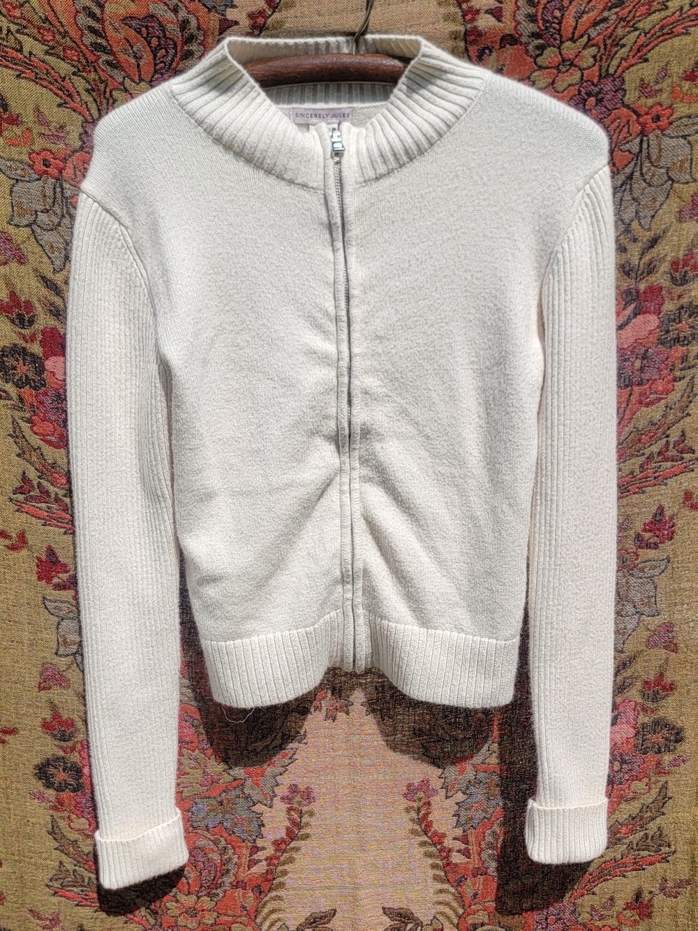 Sincerely Jules Cream Zip Front sweater XL | Soft Ribbed Mock Neck Cardigan - Picture 3 of 7
